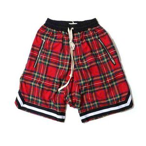 Men's Scottish Plaid Shorts Oversized Baggy Shorts Streetwear Mesh Tartan Drop Crotch Shorts Men Side Zip Stretch Knee length H1210