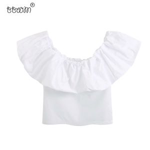Frauen Süße Mode Weiße Rüschen Kurze Blusen Vintage Slash Neck Kurzarm Stretchy Shirts Mädchen Chic Tops 210520