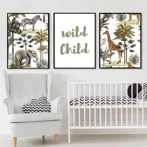 Schilderijen Animal Elephant Giraf Zebra Jungle Canvas Poster Wild gratis kinderdagverblijf Kind Citaten Afdrukken Wall Art Baby Kid Room Decor