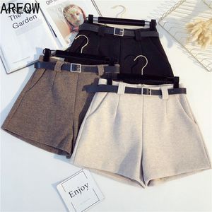 Shorts de cintura alta primavera de outono para mulheres casuais quentes de lã quente com cinto 210507