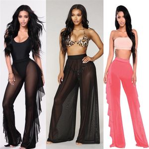 Est Donna Pantaloni trasparenti Bikini Mesh Cover up trasparenti Pantaloni lunghi svasati Costumi da bagno da spiaggia Costume da bagno Taglie forti Parei