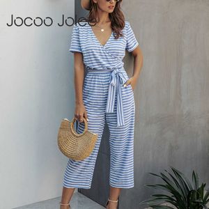 Jocoo Jolee Women Summer Stripe V-Neck Lace Up Short Sleeve High Waist Casual Basic Loose Elegant Regular Rompers Office Lady 210619