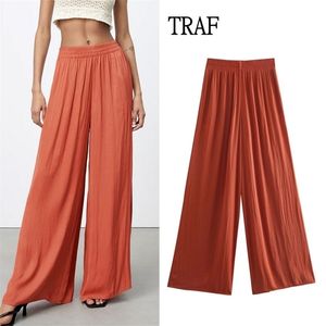 Traf Za Sommar Kvinnor Oversized Wide Ben Byxor Vintage Elastisk Hög Midja Casual Byxor Ruched Streetwear Loose Woman Pant 211115