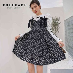 Spring Summer Jacquard Bow Spaghetti Strap Dress Women Fashion Black A Line Mini Cami Kawaii Clothes 210427