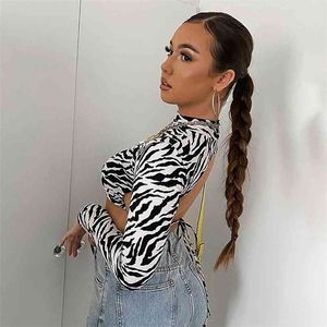 Animal Zebra Print Backless Beskärda Tshirt Kvinnor Sexig Långärmad T-Shirt Ladies Fashion Crop Tops Tees Streetwear 210607