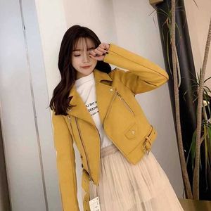 Ly Varey Lin Autum Vintage Yellow Suede Läderjacka Streetwear Kvinnlig Biker Slå ner Collar Basic Short Black Coat 210526