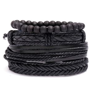 Black Leather Rope Handmade Braided Wooden Beaded Charm Bracelets Set For Men Women Punk Adjustable Bangle Fashion Jewelry