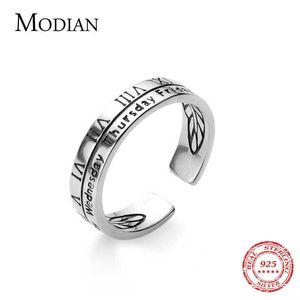 Real 925 Sterling Silver Engrave Roman Numerals and Week Adjustable Finger Ring For Women Vintage Fine Jewelry 210707