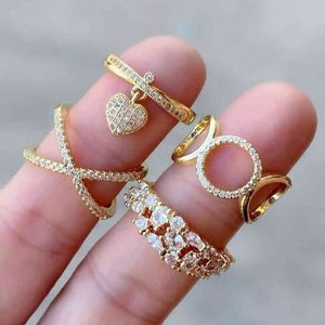 5 pcs 2021 cor de ouro de borla zircônia com coração pingente dedo dedo dedo cz para mulheres abrindo anel ajustável