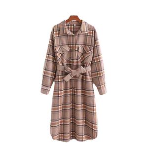 Streetwear Women Woolen Plaid Overcoat Fashion Ladies Pocket Long Outercoat Causal Female Chic Sashes Waist-Controlled Coat 210427