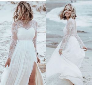 Beach Lace Chiffon Wedding Dresses Vestido De Novia 2022 Long Sleeve Jewel Neck Backless Cheap Bohemian Bridal Gowns