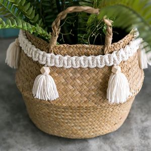 Decorative Objects & Figurines Boho Macrame Hand Woven Cotton Garland With Wooden Beads Rattan Basket Ornaments Home Hanging Decoration