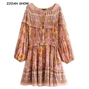 Mulheres Bohemian Lacing Up Bow O Pescoço Vestido Floral de Impressão Emenda Ear Ruffles Lanterna Lanterna Manga Longa Knee Comprimento Dos Vestidos 210429