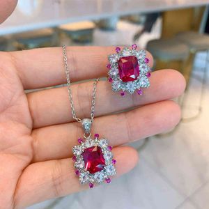 2021 Arrival 925 Sterling Silver 8*10mm Ruby Emerald Pendant Necklace Ring Charms Wedding Party Jewelry Sets Gift for Women
