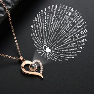 100 Languages I Love You Diamond Heart Pendant Necklace Copper Memory Projection Necklaces chains for Women Fashion Jewelry