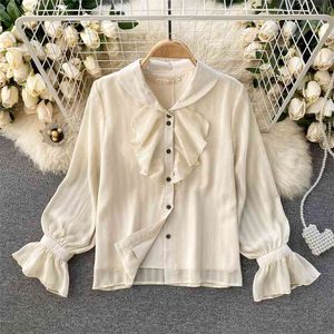 Spring French Retro Blouse Female V-neck Puff Sleeves Loose Blusa Thin Wild Shirt with Wooden Ears C474 210507