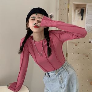 Spring Fashion Style Korean Slim-fit T-shirt Female Round Neck Is Thinner with A Solid Color Base Coat C626 210506