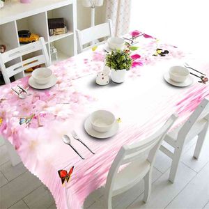 Customizable 3d Tablecloth Pink Peach Blossom&Butterfly Pattern Thicken Polyester Rectangular and Round Table cloth Home textile 210626