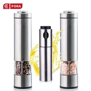 2PCS-rostfritt stål Elektrisk pepparkvarn, Saltskakare och Spice Grinder Set med sprayflaska för oljedispenser Kithcn Tools 210712