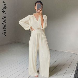 Pleated Blouse and Wide Leg Pants Set: Elegant Palazzo Trousers for Women