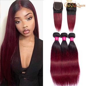 Ombre Peruvian Straight Hair Weave Bundlar med stängning 1B / Burgundy Två tonfärgade Remy Human Hair Weft med stängning 99J Vinröd