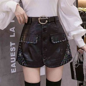 Handmade Beaded PU leather Skirts Women High Waist Slim Skirt Mini Shorts with Lining A-line Saia Plus No Belt 210601