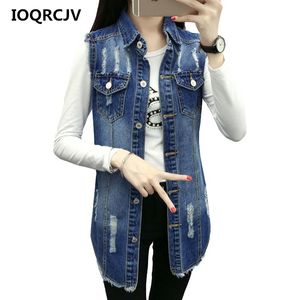 Jaquetas femininas outono denim jaqueta elegante sem mangas furo casaco feminino Único-breasted médio-longo cowboy slim mulheres casacos básicos 410