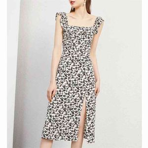 Frauen Sommer Vintage Print Tank Kleid Ärmellose Rüschen Floral Weibliche Elegante Casual Split Gabel Knielange Kleider Tuch 210513