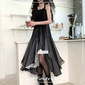 Gothic Midi Dress Mulheres Lace Preto Irregular Y2K Vestido Quadrado Collar Spaghetti Strap Party Dress Korea Streetwear 210521