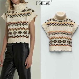 Beige Turtleneck Knitting Vest Woman Sleeveless Sweater Ruffle Vintage Jacquard Knitted Cropped Pullover Top 210519