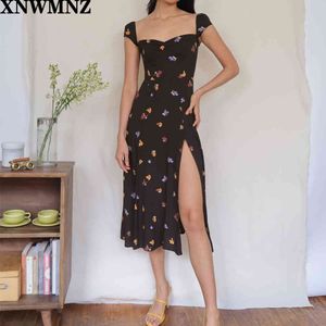 Za Vintage Black Party Dress Chic Tank Vestidos Moda Floral Print Split Kobiety Midi Dress Center Ruched Sukienki Wysokiej jakości 210510