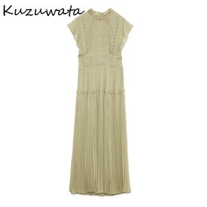 Kuzuwata 봄 새로운 pleated drawstring 슬림 허리 드레스 우아한 신선한 높은 허리 여성 드레스 섹시한 중공 아웃 Vestidos 210323