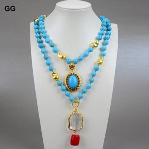 Smycken 2Rows Blue Turquoises Halsband Keshi Pearl Clear Quartzs Buddha Head Red Coral Pendant 20 