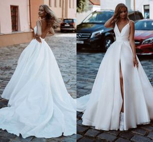 Boho Wedding Dress 2024 A-Line V-Neck Spagetti Straps Pleated Satin Bridal Gowns Dubai High Split Brides Dresses Custom Made