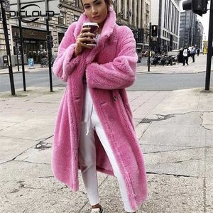 Rosa Longa Teddy Bear Revestimento Casaco Mulheres Inverno Grosso Quente Oversized Overtowear Outerwear Overcoat Mulheres Faux Lambswool Casacos 211101