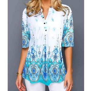 Skjorta blus mode stor storlek toppar kvinnor casual v nack skjorta damer lösa blommor tryck tunika skjorta 210323