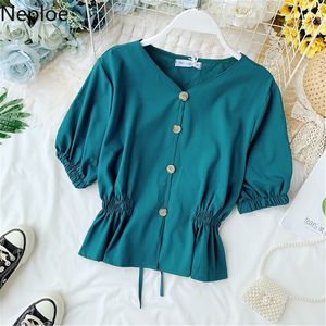 Naploe Tek Göğüslü Bluz Kadınlar Katı V Boyun Puf Kollu Bayanlar Blusa Gömlek Yaz Moda Rahat Kadın Tops 1D571 210423