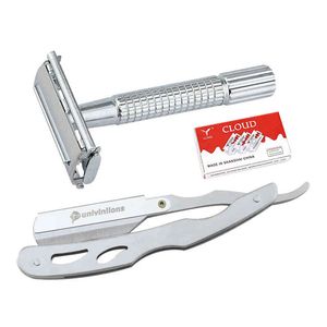 Stainless Steel Straight Edge Barber Razor with 10 Blades - Manual Folding Shaving Knife for Beard Trimming