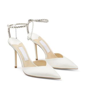 サンダルドレスシューズウェディング花嫁ホワイトポンプSaeda Sandal Lady's High Heelled Brand Women High-Heel Poinded Crystal Ankle Straps Slingback with Box