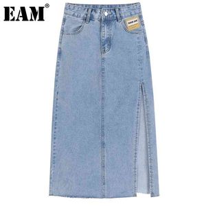 [EAM] Высокая талия синяя джинсовая длинная боковая щель темперамента половинного тела юбка женщины мода весна лето 1dd8743 210512