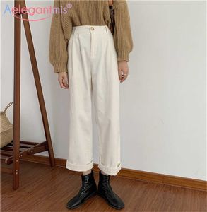 Aelegantmis Vintage Button Loose High Waist Women Corduroy Pants Wide Leg Korean Solid Retro Elastic Trousers Soft Chic 210607