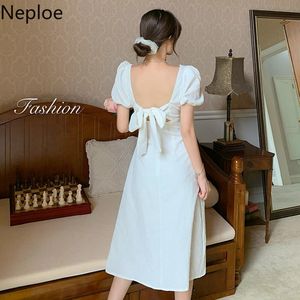 Nelloe Белое платье Женщины шикарные Винтажные сексуальные Backbload Vestidos Mujer шикарное кружевное поклон лук халат элегантный тонкий темперамент платья 210422