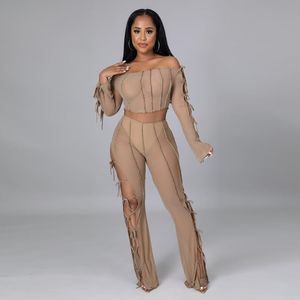 Women's Two Piece Pants RMSFE 2021 Ladies Long Sleeve Strapless Short Top With Slim Bandage Fashion Sexy Perspective 2 Set