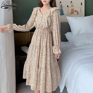 Koreanska blomma klänningar damer v neck chiffong vintage plus storlek länge en linje tryck fest vestidos 13197 210427