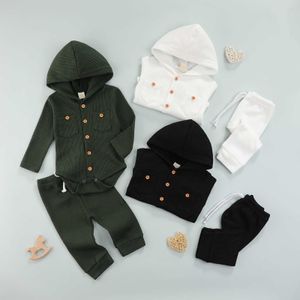 Sonbahar 2 adet Bebek Kız Erkek Unisex Giyim Setleri Bebek Yenidoğan Katı Renkli Waffle Uzun Kollu Hoodies Tulum Tie-Up Pantolon G1023