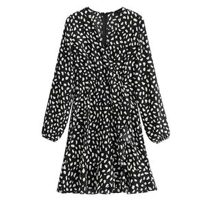 Kobiety Lato Vintage Drukuj Mini Sukienka Z Długim Rękawem V-Neck Ruffles Wrap Kobieta Eleganckie Czarne Street Dresses Vestidos 210513