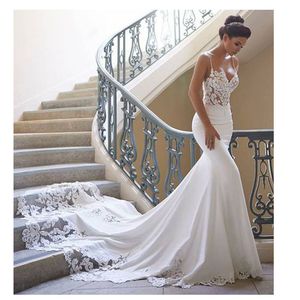 Elegant Appliques Mermaid Wedding Dresses Lace Fishtail V Neck Spaghetti Straps Sleeveless Sexy Bridal Gowns Vestidos De Novia Boho Beach Bride Dress l2022