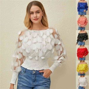 Sexy Off Ombro Tops e Blusas Malha Sheer Buff Manga Tops Verão 3D Flor Vintage Branco Mulheres Camisa Blusa 210323