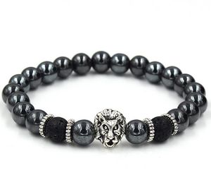 Schwarze Hämatit-Perlenstränge aus Stein, Lavastein-Armbänder, Legierung, vergoldetes Silber, Totenkopf, Löwe, Eule, für Damen und Herren, Armband im Großhandel