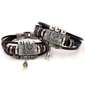 Eu amo Jesus Christian Genuine Leather Multilayer Braceletes Retro Handmade Frisado Charme Cuff para Homens Mulheres Jóias